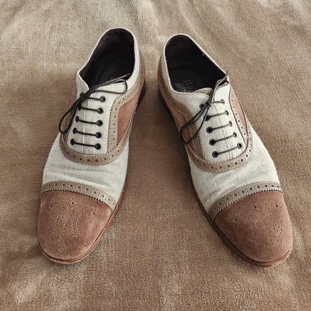 Salvatore Ferragamo Men's Beige Suede & Canvas Cap Toe Oxford Shoes US 11 EE
